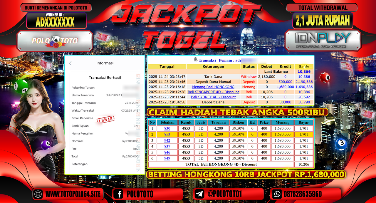 POLOTOTO JACKPOT TOGEL MENANG HONGKONG LOTTO Rp.2.100.000,- LUNAS