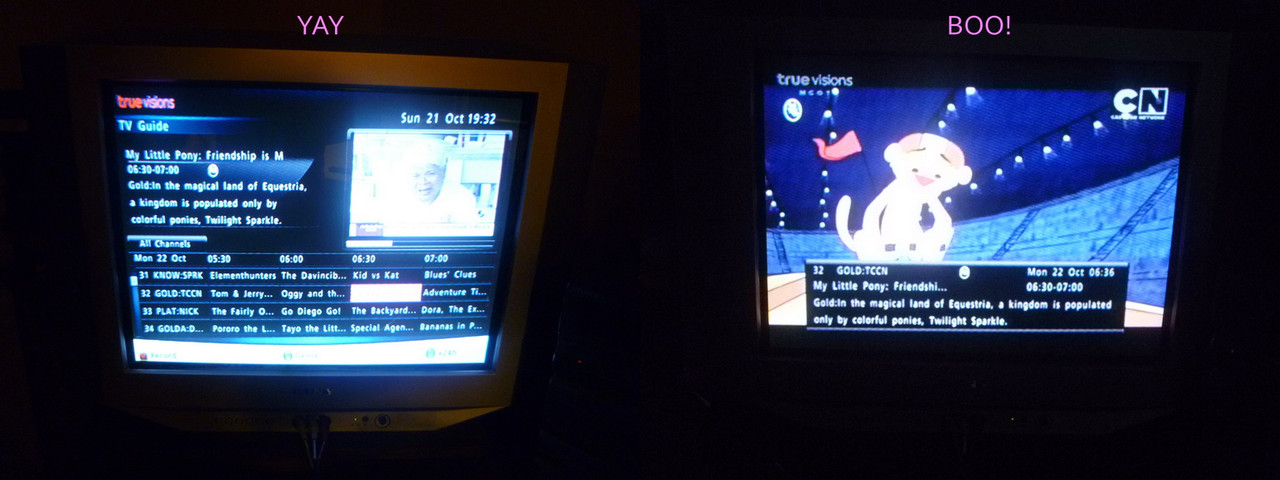 Left: EPG entry for My Little Pony reading: 'In the magic land of Equestria, a kingdom is populated only by colorful ponies, Twilight Sparkle.' (YAY) Right: EPG entry for MLP over a scene from Pink Panther and Pals, airing in what's supposed to be MLP's timeslot (BOO!)