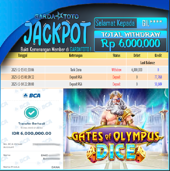 JACKPOT DI PERMAINAN SLOT PRAGMATIC PLAY Gates Of Olympus Dice WD Rp6.000.000,- DIBAYAR LUNAS GARDATOTO MANTAP!