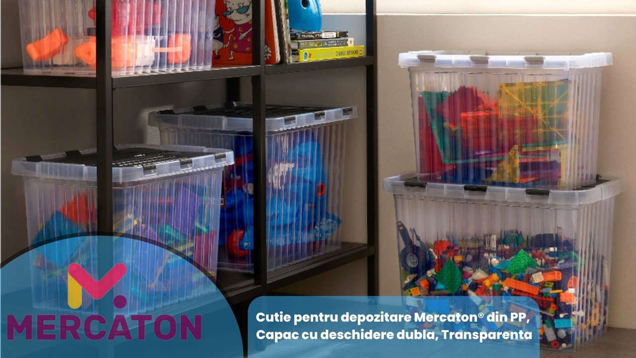 Cutie pentru depozitare din PP, Capac cu deschidere dubla, Transparenta, 11 L - Cutii Depozitare - Mercaton Store