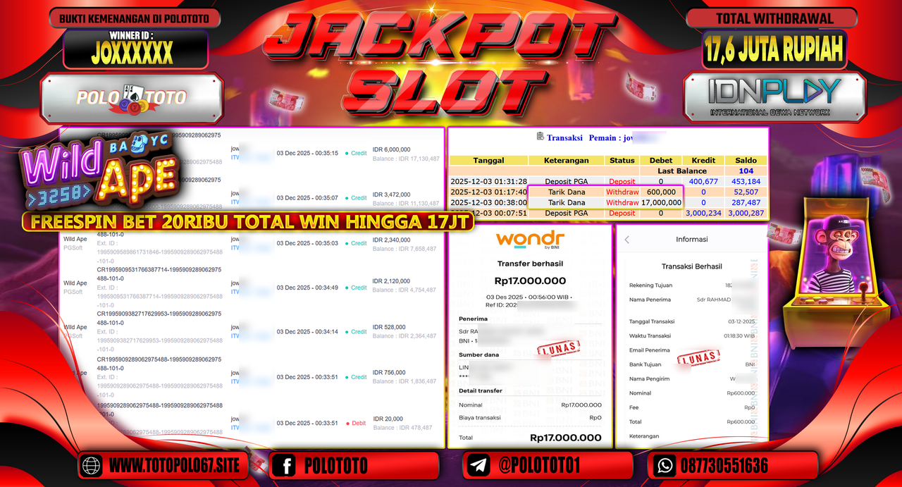 POLOTOTO JACKPOT SLOT WILD APE Rp.17.600.000,- LUNAS
