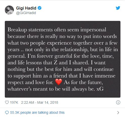 Unggahan putus Gigi Hadid

