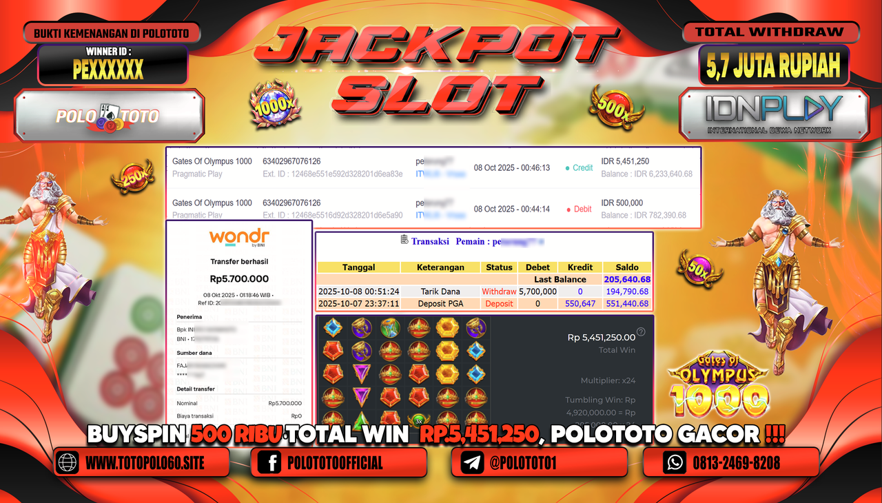 POLOTOTO JACKPOT SLOT GATES OF OLYMPUS 1000 Rp.5.700.000,- LUNAS