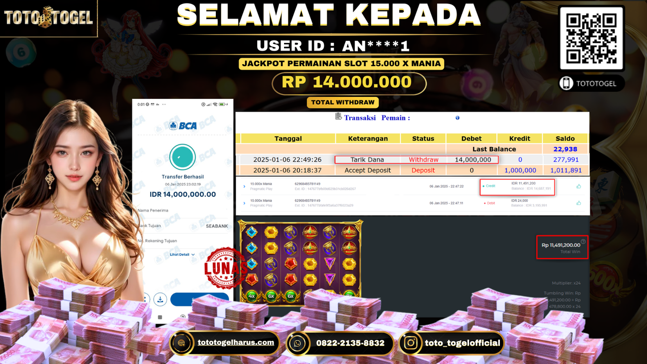 Bukti Pembayaran Jackpot  Permainan Slot 15.000 X Mania : FN******1 LUNAS