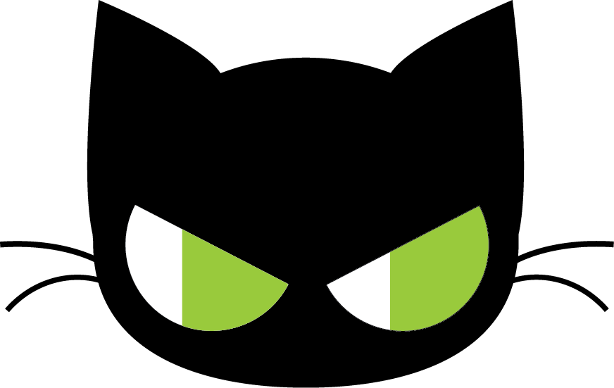 Kure logo, black cat with large, angry green eyes