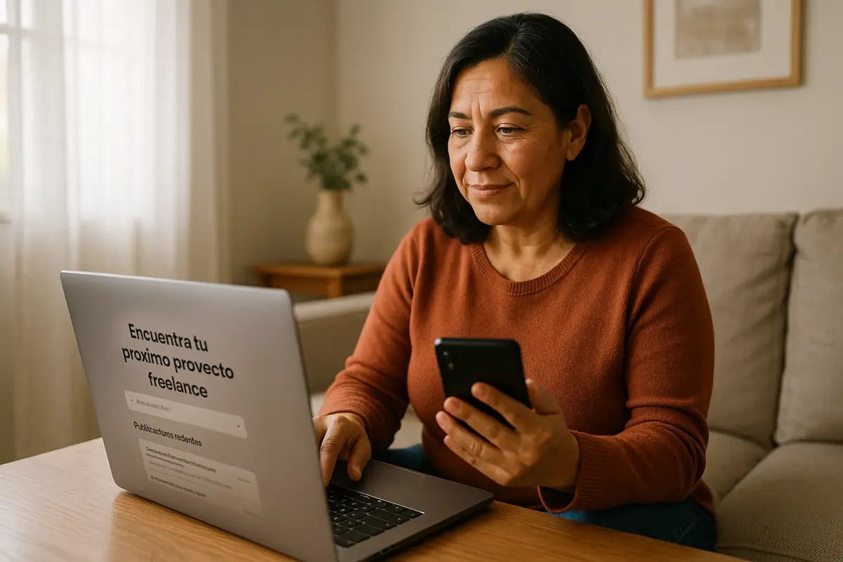 Freelancer LATAM sin inglés - DigitalConVeronica Mujer latina usando su celular para trabajar desde casa como freelancer