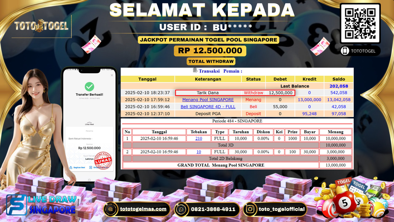 Bukti Pembayaran Jackpot  Permainan Togel Pool Singapore  ID:BU*****  LUNAS