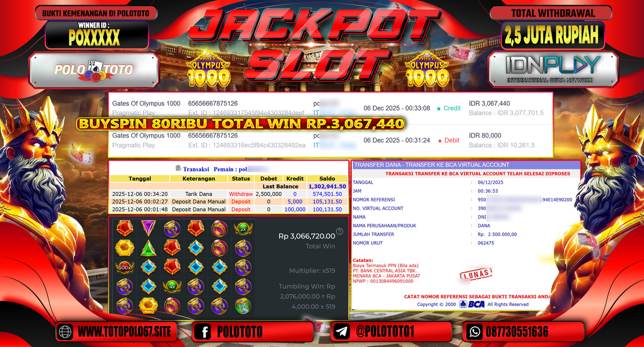 POLOTOTO JACKPOT SLOT GATES OF OLYMPUS 1000 Rp.2.500.000,- LUNAS