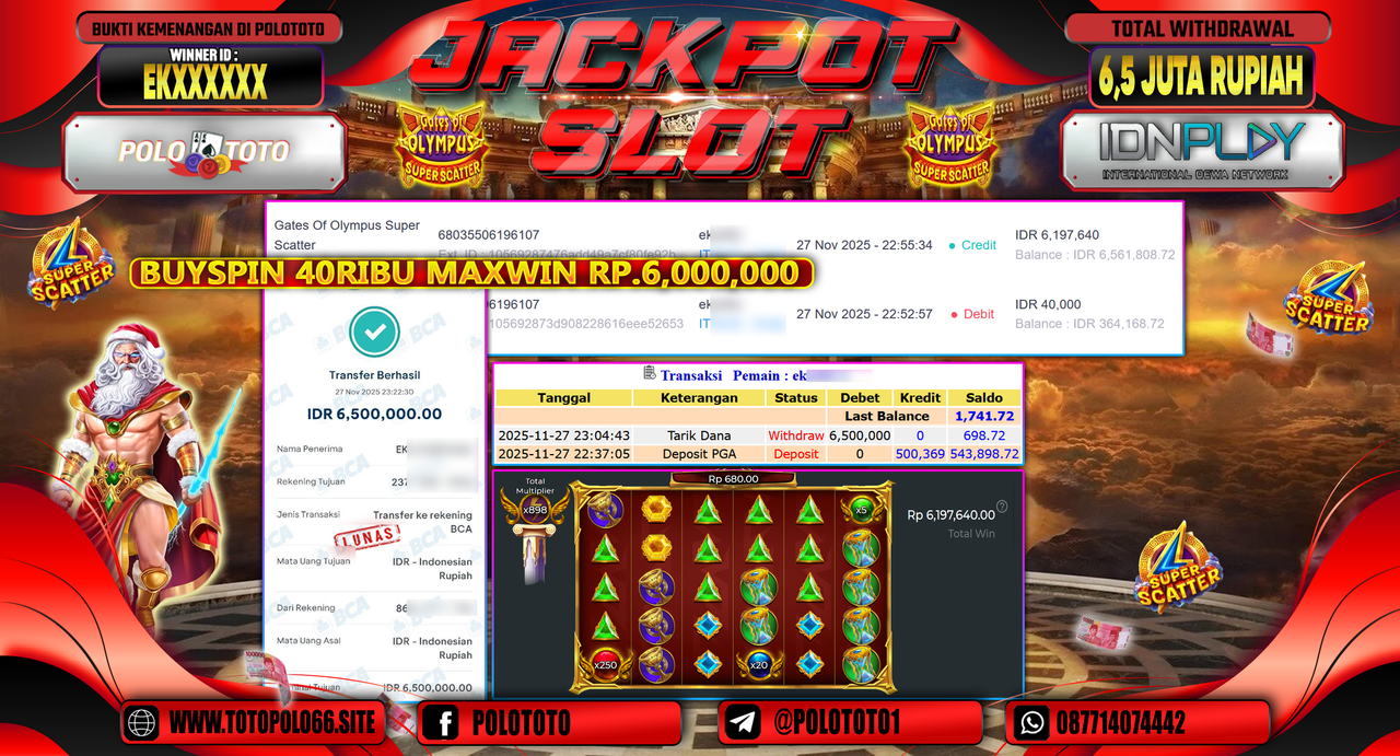 POLOTOTO JACKPOT SLOT GATES OF OLYMPUS SUPER SCATTER Rp.6.5000.000,- LUNAS