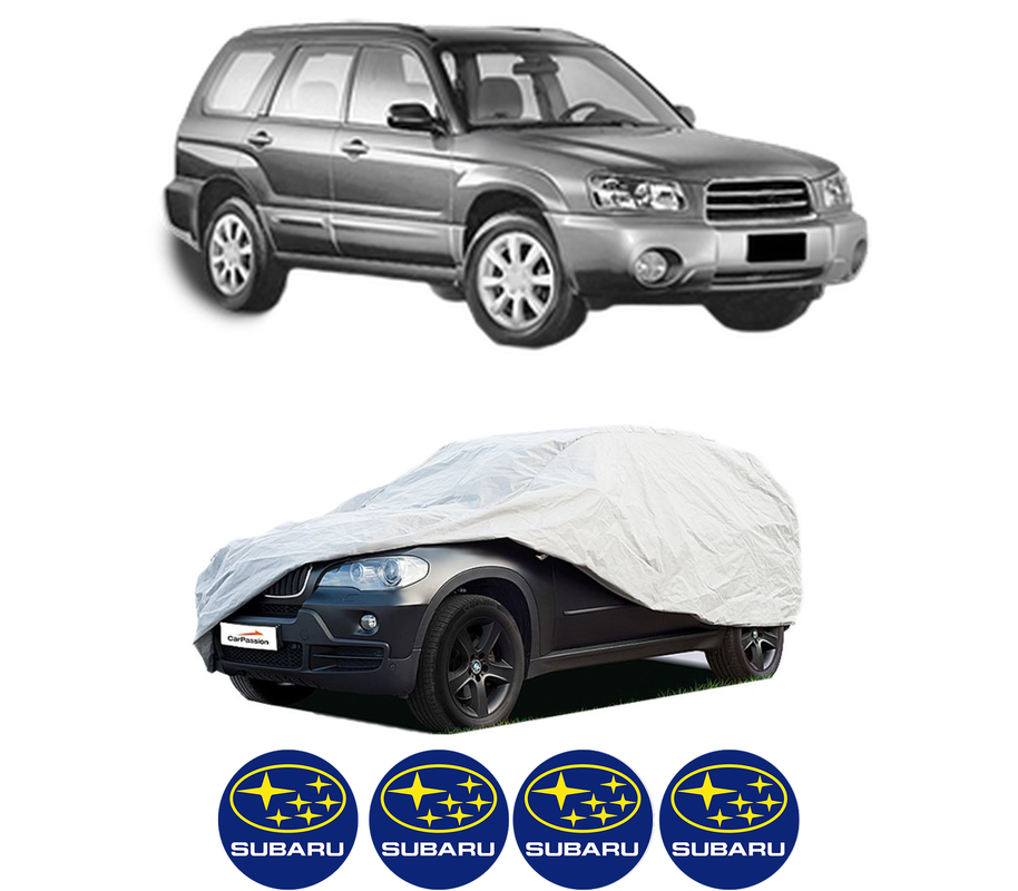 Husa tip prelata auto pentru SUBARU FORESTER (SG_) din 2002-2008, Culoare Gri, material textil impermeabil, rezistanta la intemperii praf UV, CARPASSION Husa Protectie, 4 Stickere auto cu SUBARU