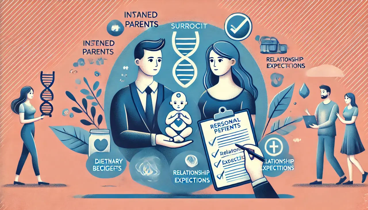 Illustration showing intended parents and a surrogate discussing personal preferences and mutual respect during the surrogacy process.