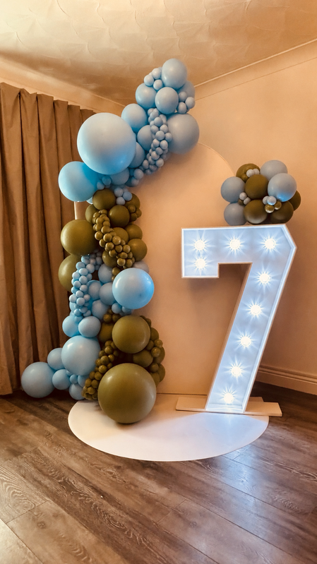 Balloon display with a light-up number seven