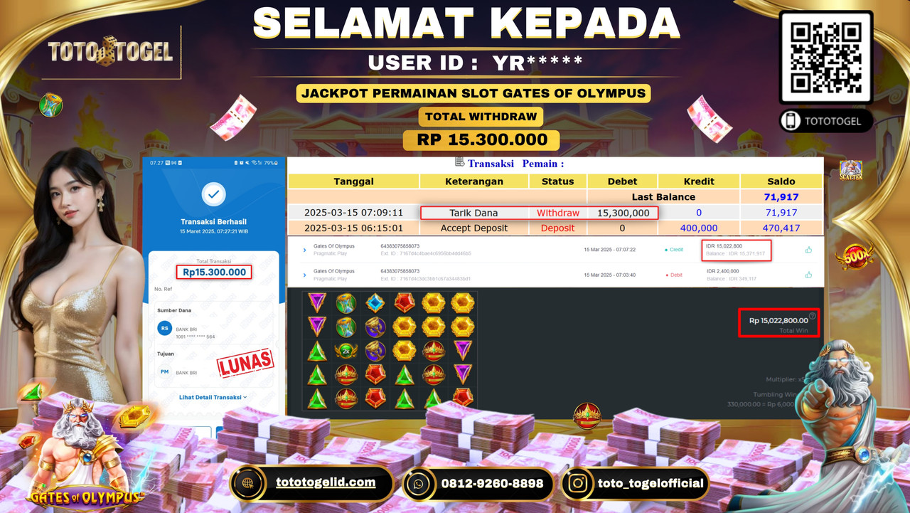 Bukti Pembayaran Jackpot  Permainan Slot Gates Of Olympus ID:YR***** LUNAS