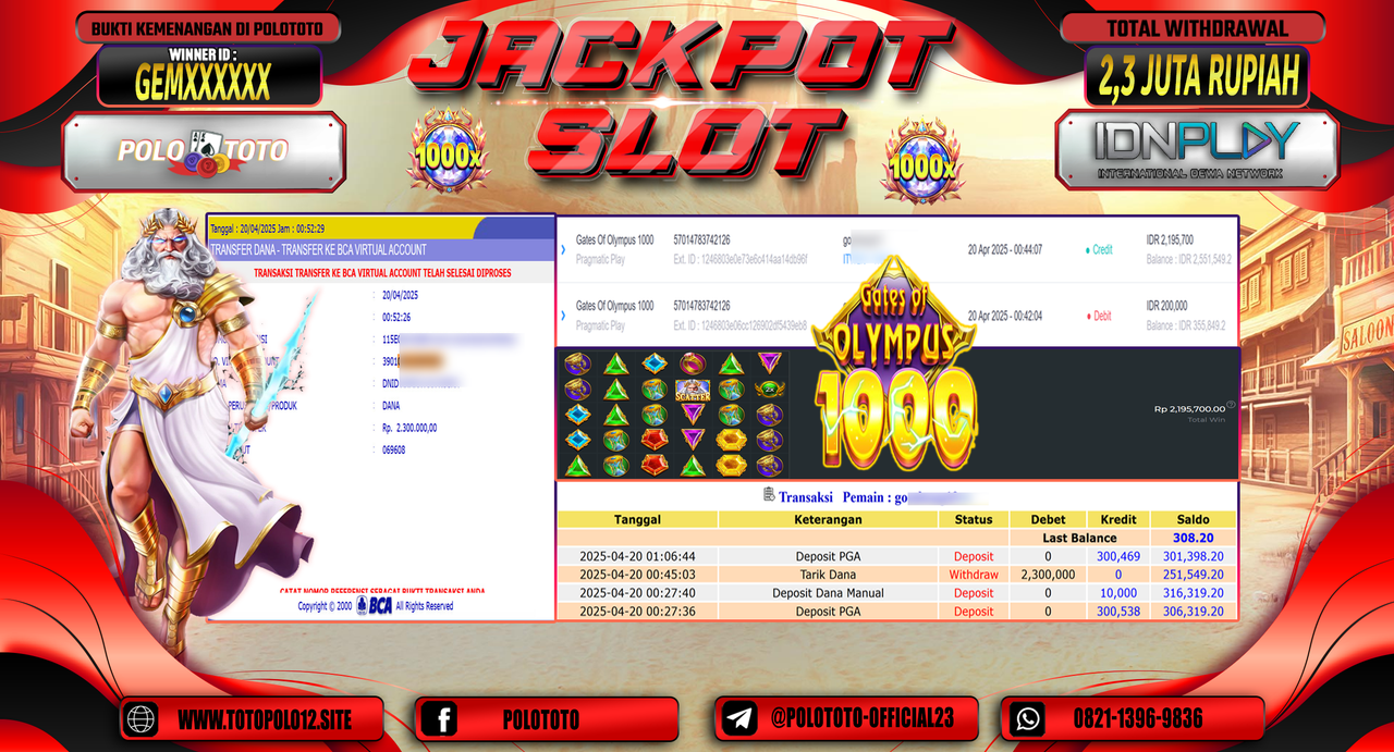 POLOTOTO JACKPOT SLOT GATES OF OLYMPUS 1000 Rp.2.300.000,- LUNAS