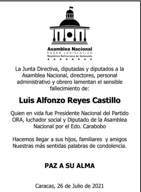 Asamblea Nacional lamenta el sensible fallecimiento del Presidente de ORA, Luis Reyes Obituario-07-26