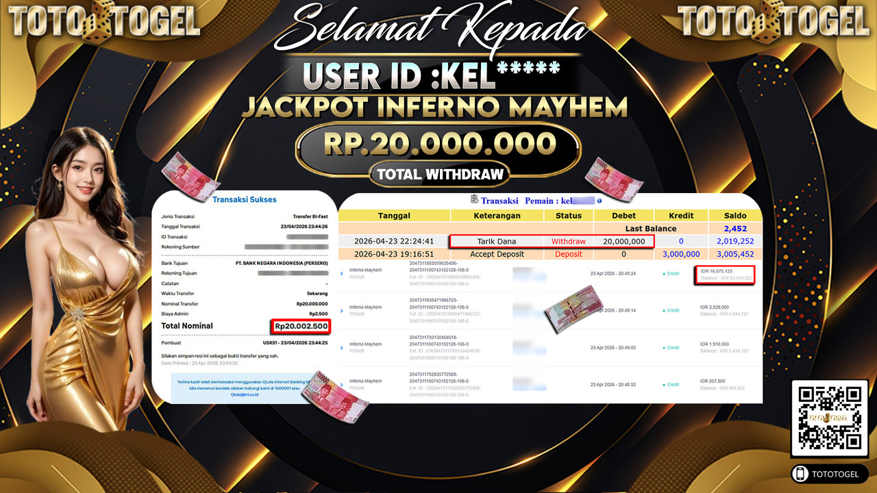 Bukti Pembayaran Jackpot Permainan Slot Inferno Mayhem ID:KEL*****LUNAS