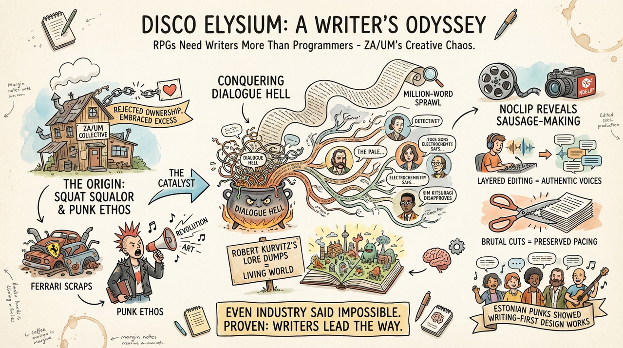 Writers collaborating on dense RPG dialogue in cluttered studio