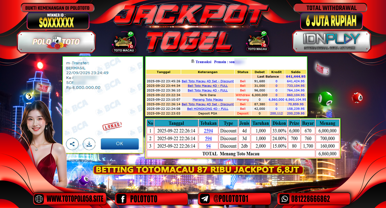 POLOTOTO JACKPOT TOGEL TOTO MACAU Rp.6.000.000,-