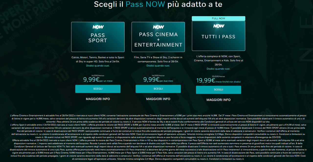 Full NOW 19,99 al mese fino al 28-04-2022. Art. 8 e IVA