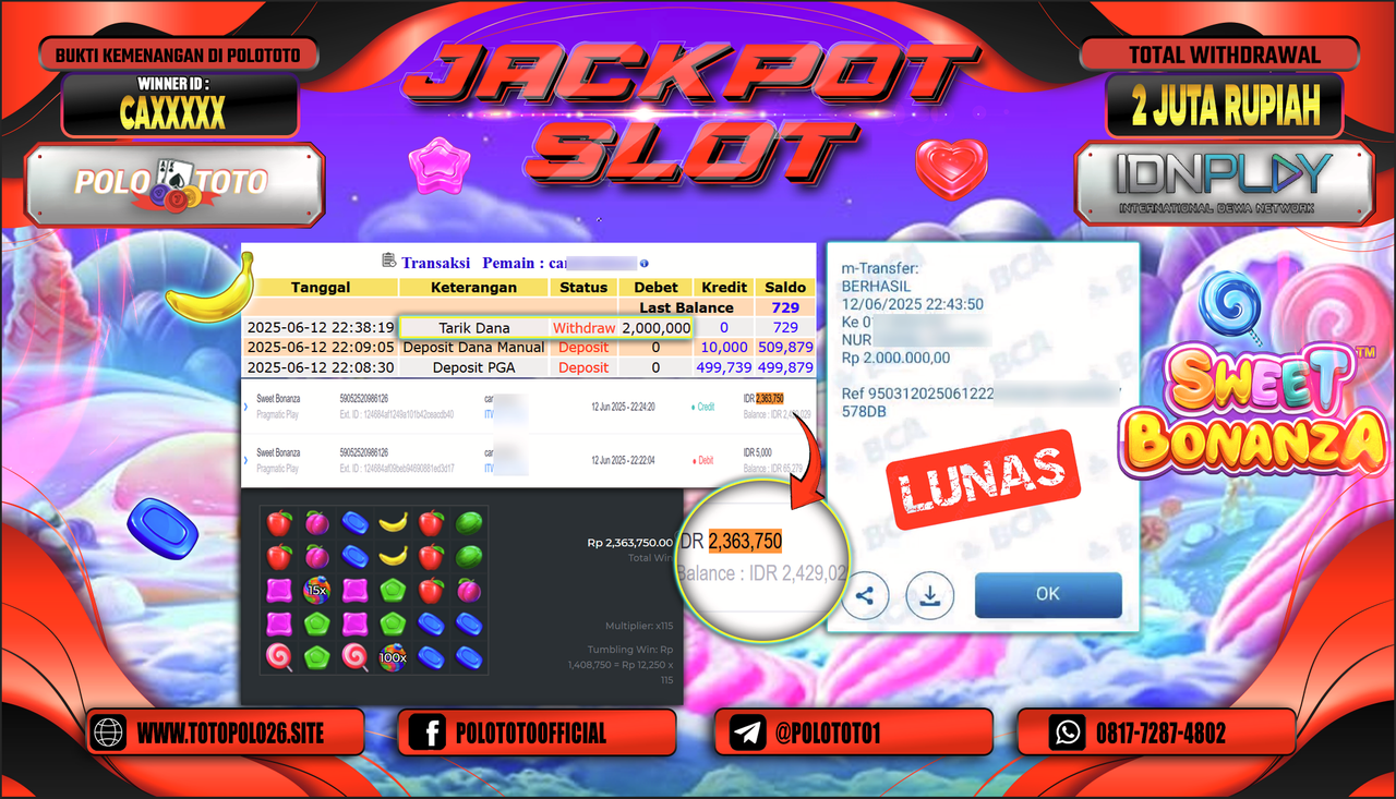 POLOTOTO JACKPOT SLOT SWEET BONANZA Rp.2.000.000,-