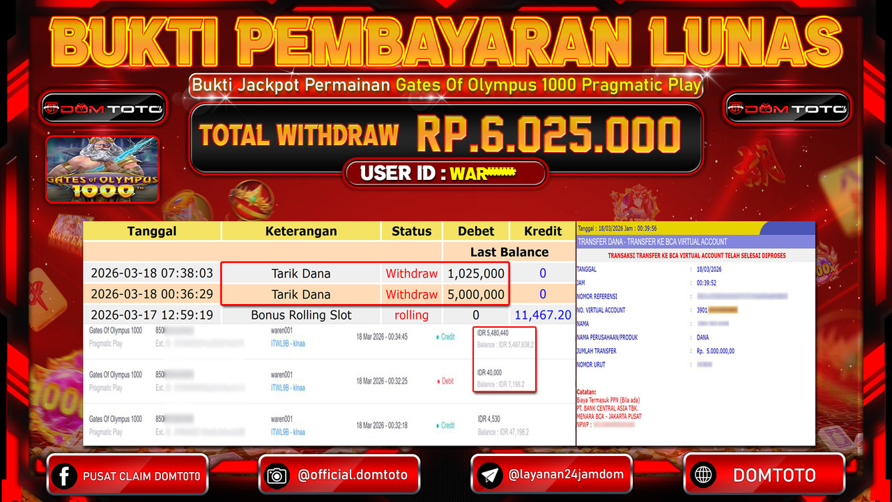 JACKPOT SLOT Gates Of Olympus 1000 Pragmatic Play 18 MARET 2026