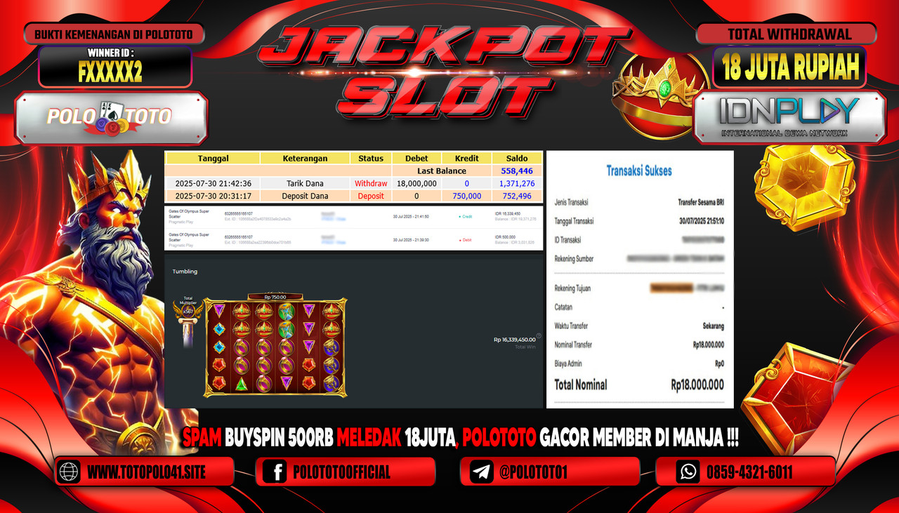 POLOTOTO JACKPOT SLOT GATES OF OLYMPUS SUPER SCATTER Rp.18.000.000,- LUNAS