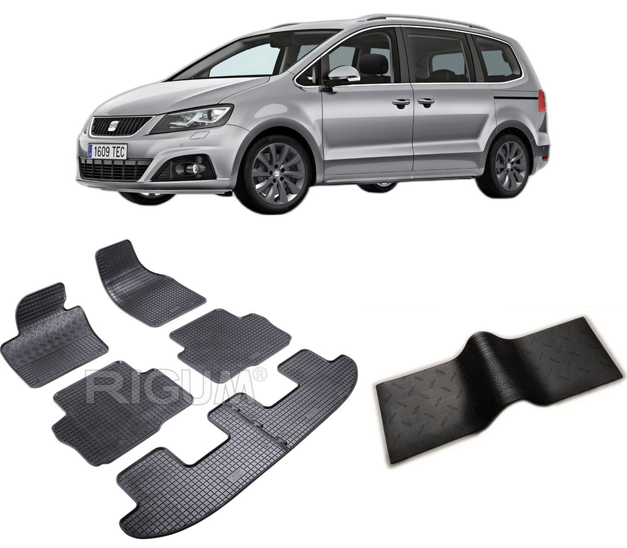 Set covorase auto SEAT ALHAMBRA II din 09.2010-03.2022, cu covoras tunel median, CAROSERIE VAN 7 LOCURI, Presuri cauciuc 100%, compatibil cu autoturismul SEAT ALHAMBRA II, Rigum