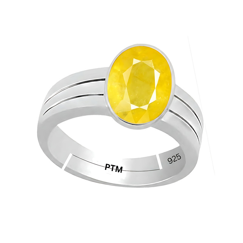 PTM 925 Sterling Silver Yellow Sapphire (Pukhraj) 3.25 to 10.25 Ratti or 3.00 to 9.50 carat Astrological Gemstone Bis Hallmark Adjustable Ring for Men & Women