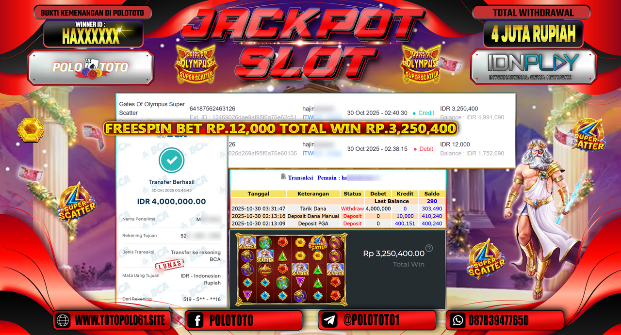 POLOTOTO JACKPOT SLOT GATES OF OLYMPUS SUPER SCATTER Rp.4.000.000,- LUNAS