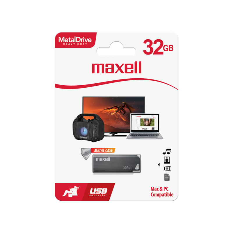 Memoria USB Maxell de 32GB con un elegante y resistente cuerpo de metal.