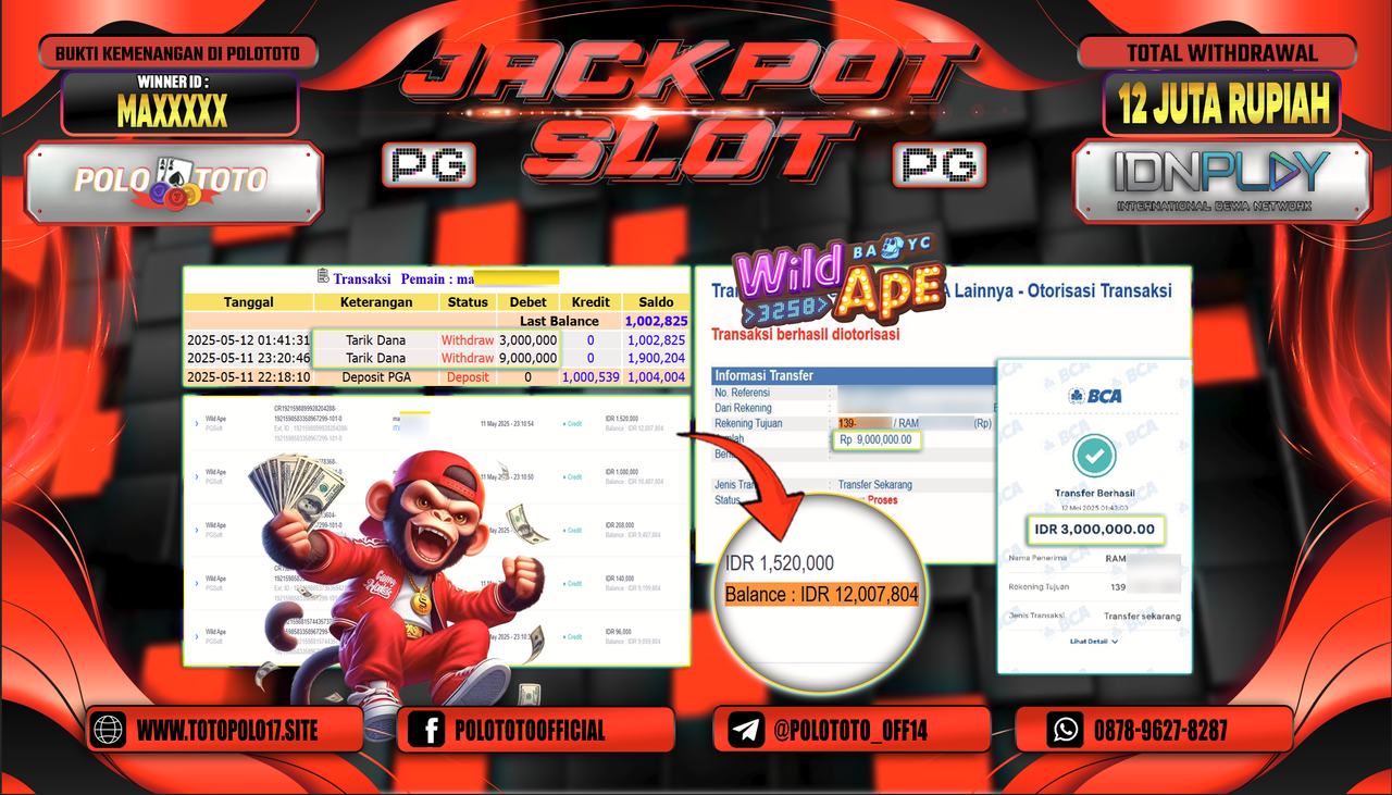 POLOTOTO JACKPOT SLOT WILD APE Rp.12.000.000,-