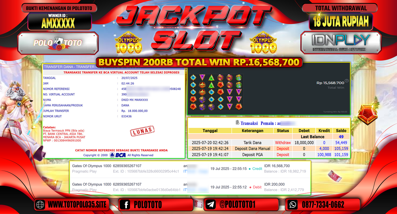POLOTOTO JACKPOT SLOT GATES OF OLYMPUS 1000 Rp.18.000.000,- LUNAS