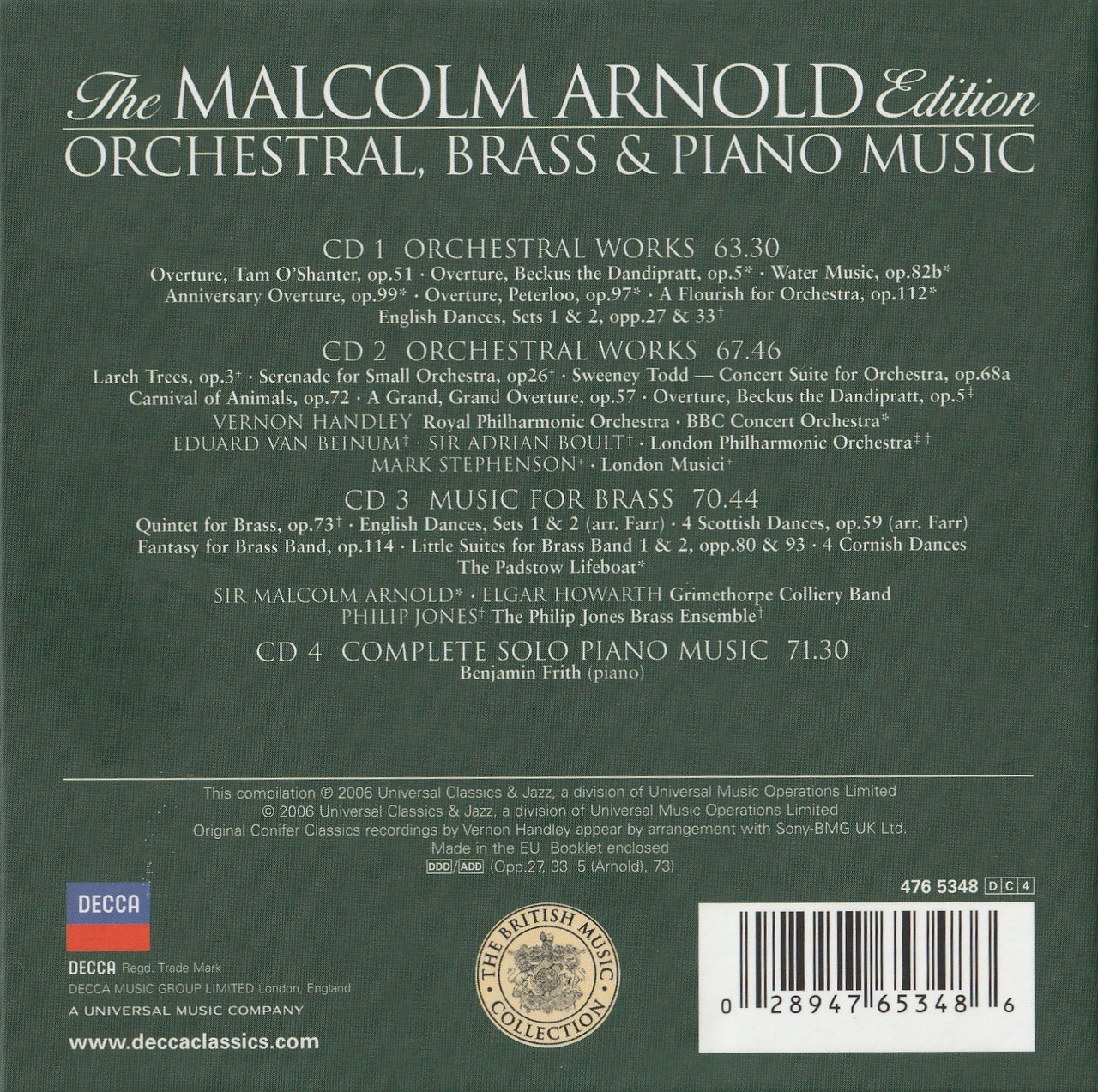 Box set back cover of the Orchestral, Brass, and Piano Music by Malcolm Arnold on Decca.