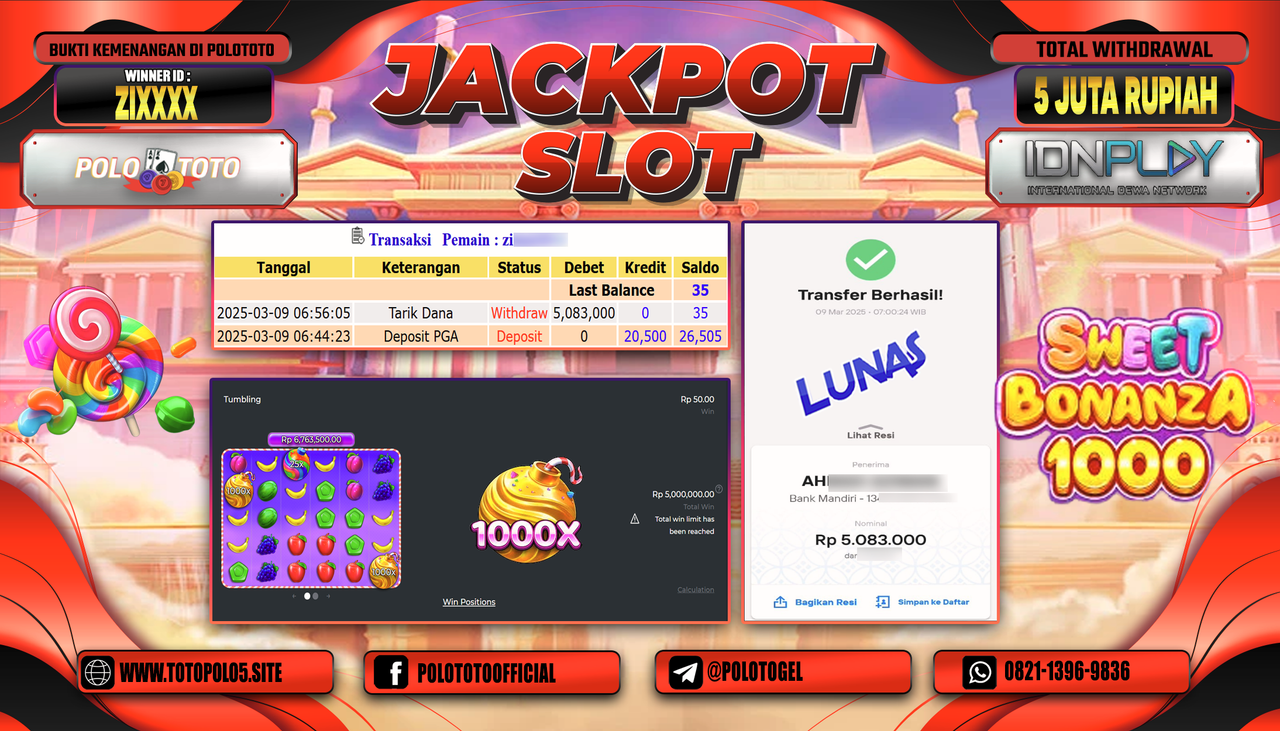 POLOTOTO JACKPOT SLOT SWEET BONANZA 1000 Rp.5.000.000,-