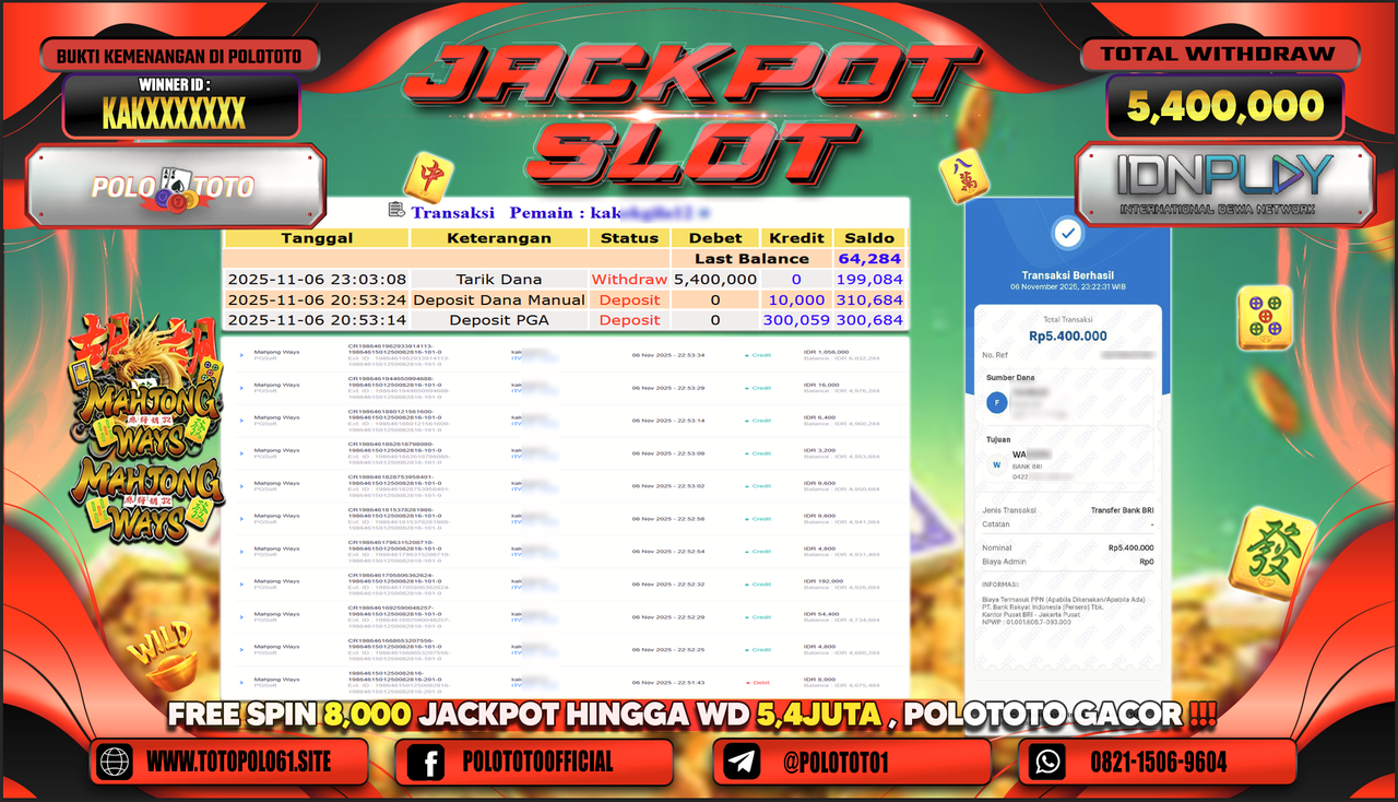 POLOTOTO JACKPOT SLOT MAHJONG WAYS Rp.5.400.000,- LUNAS