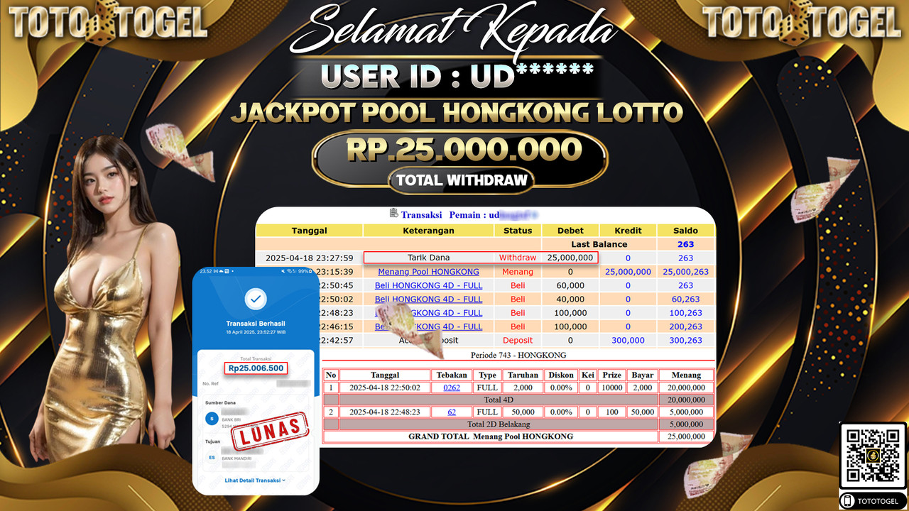 Bukti Pembayaran Jackpot  Permainan Togel Pool Hongkong Lotto ID:UD****** LUNAS