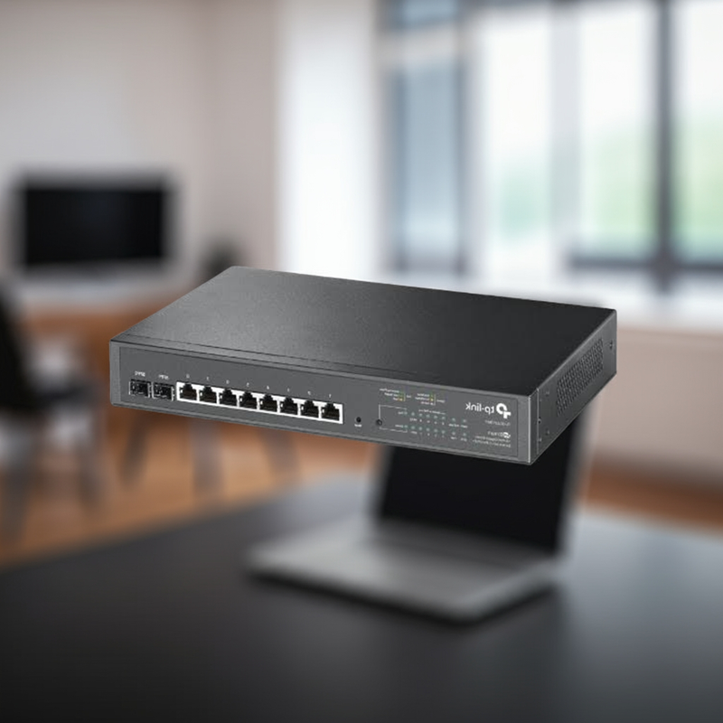 Painel frontal do switch com 8 portas RJ45 e 2 SFP