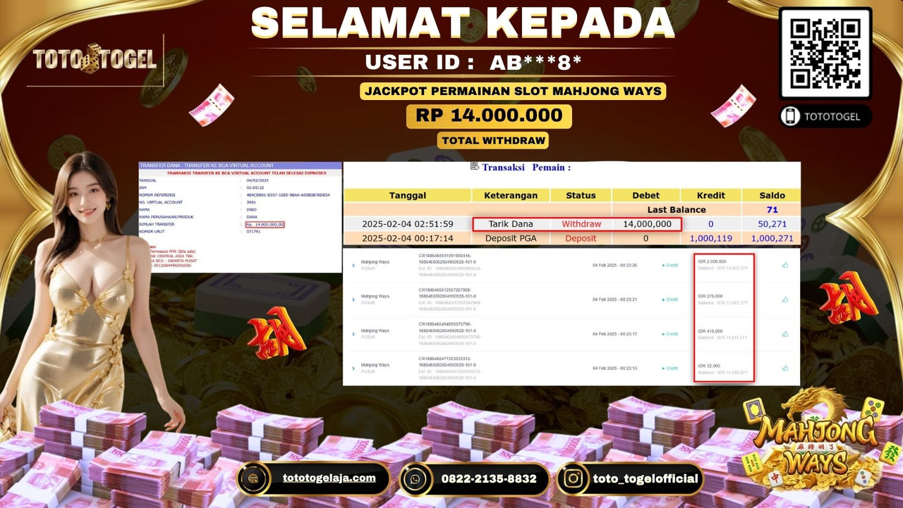 Bukti Pembayaran Jackpot  Permainan Slot Mahjong Ways  ID:AB***8*  LUNAS