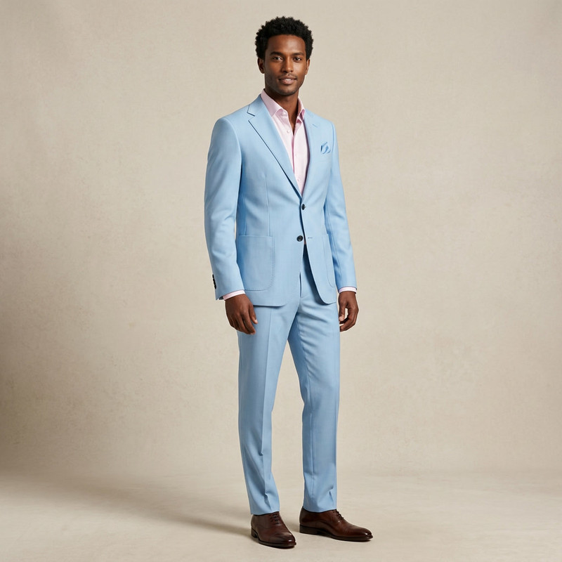 Man wearing a tailored dark brown herringbone suit with brown leather shoes