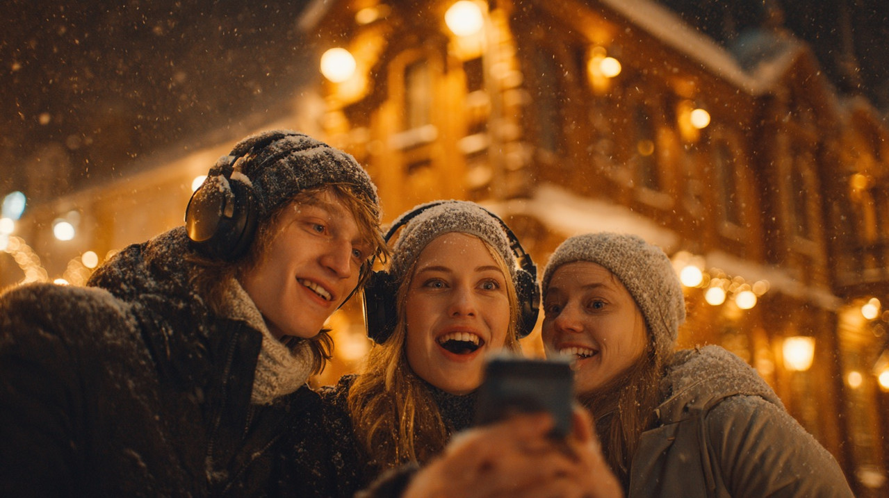 Компания друзей радостно удивлена, слушая персональную песню на смартфоне на фоне деревянного зодчества Томска зимой