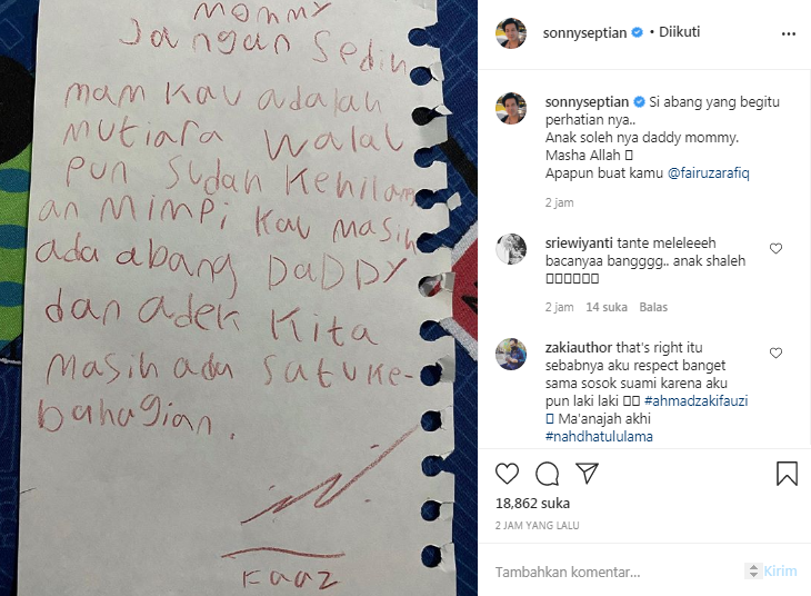 King Faaz memberikan semangat untuk sang ibunda melalui tulisan