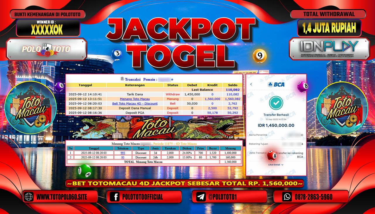 POLOTOTO JACKPOT TOGEL TOTO MACAU Rp.1.400.000,-LUNAS