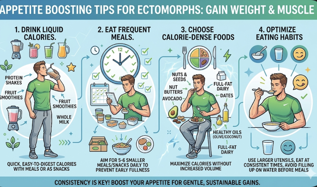 Infographic with tips to increase appetite for ectomorphs including liquid calories frequent meals and calorie-dense whole foods