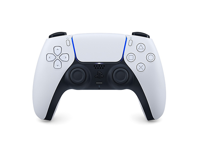 Control inalámbrico DualSense para PlayStation 5 en color blanco, vista frontal.