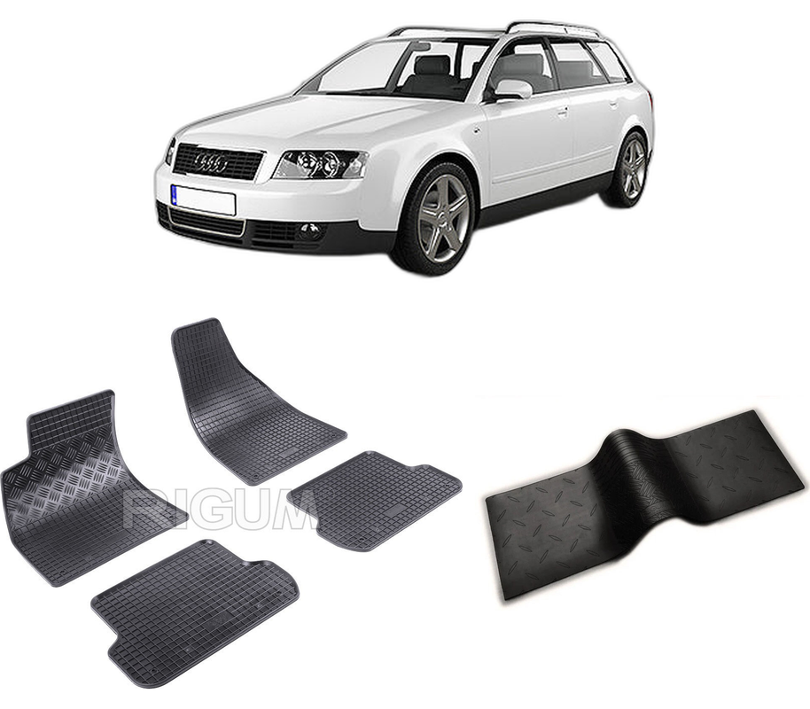 Set covorase auto AUDI A4 B6 din 11.2001-10.2004, cu covoras tunel median, CAROSERIE COMBI, Presuri cauciuc 100%, compatibil cu autoturismul AUDI A4 B6, Rigum
