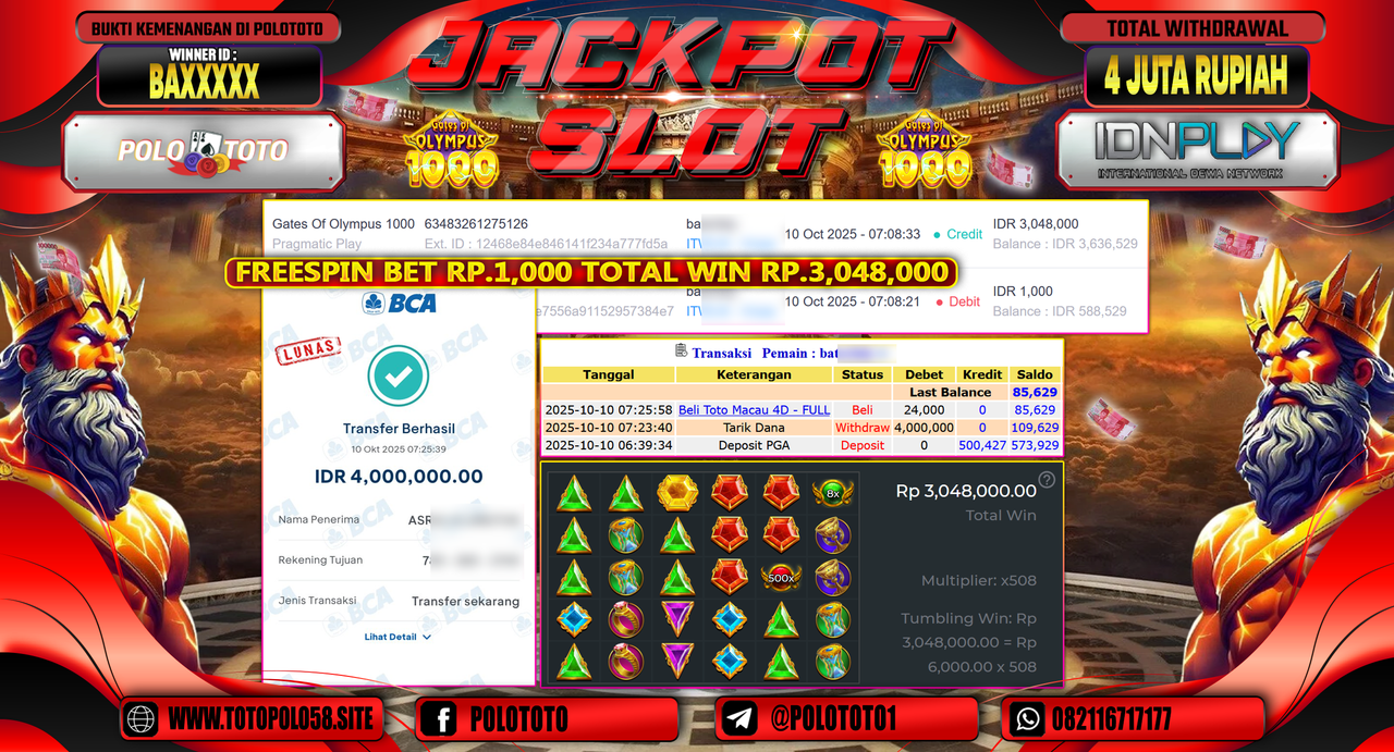 POLOTOTO JACKPOT SLOT GATES OF OLYMPUS 1000 Rp.4.000.000,- LUNAS