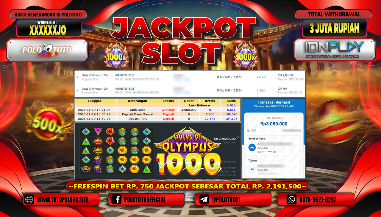 POLOTOTO JACKPOT SLOT GATES OF OLYMPUS 1000 Rp.3.000.000,- LUNAS