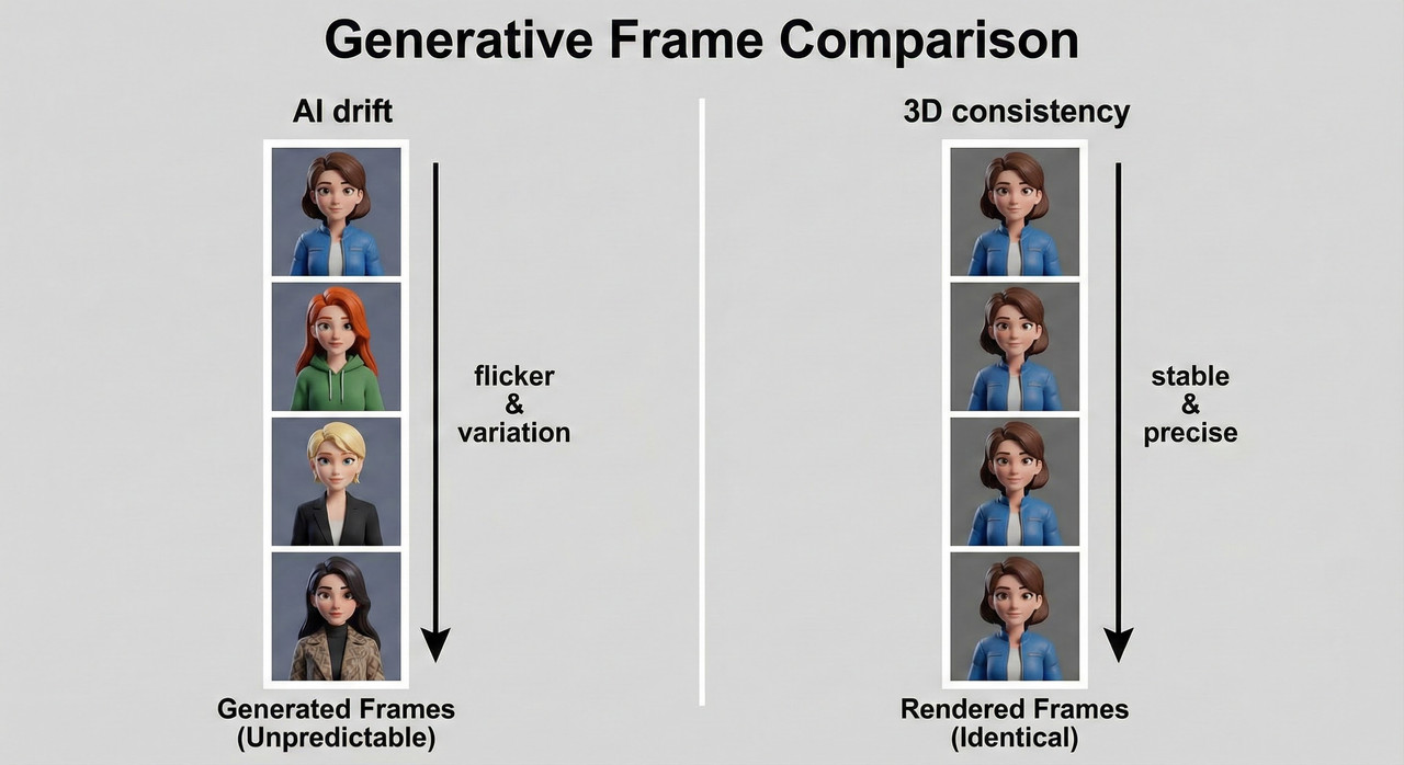 Comparison grid of unstable AI character frames versus stable 3D render sequence