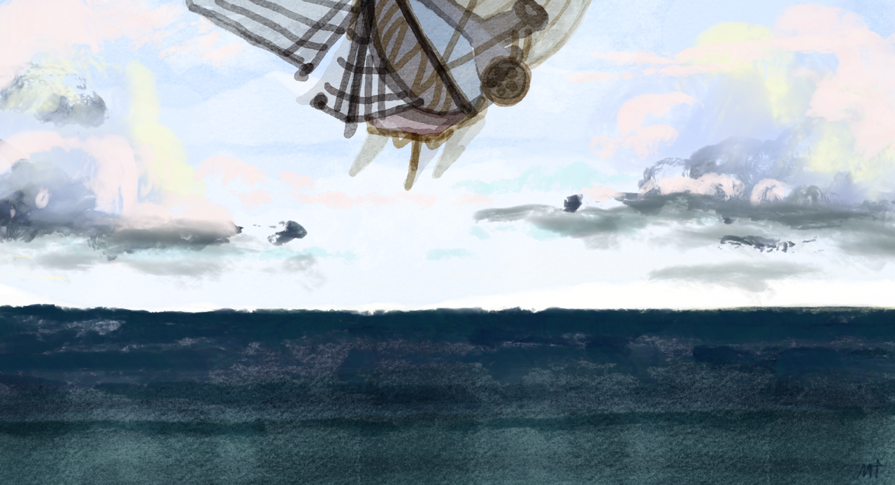 arcane-style airship, flying over a blue ocean off into the distance in a watercolor style