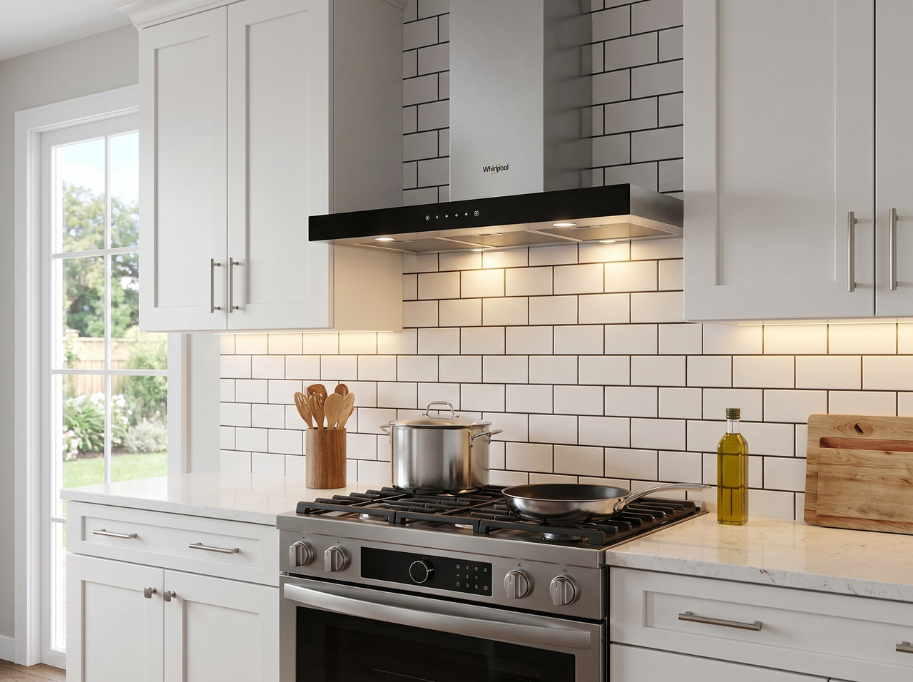 Extractor de pared Whirlpool Campana Flat de 36 pulgadas integrado en una cocina moderna de lujo